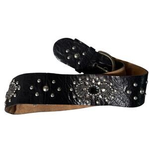 Unique Vintage Leather Heavily Jeweled Studded Beaded Black Belt 33-38” Apx XL